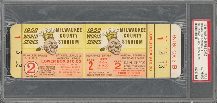 1958 World Series Game 2 Full Ticket - Mickey Mantle World Series Home Runs #10 & #11 - PSA Authentic